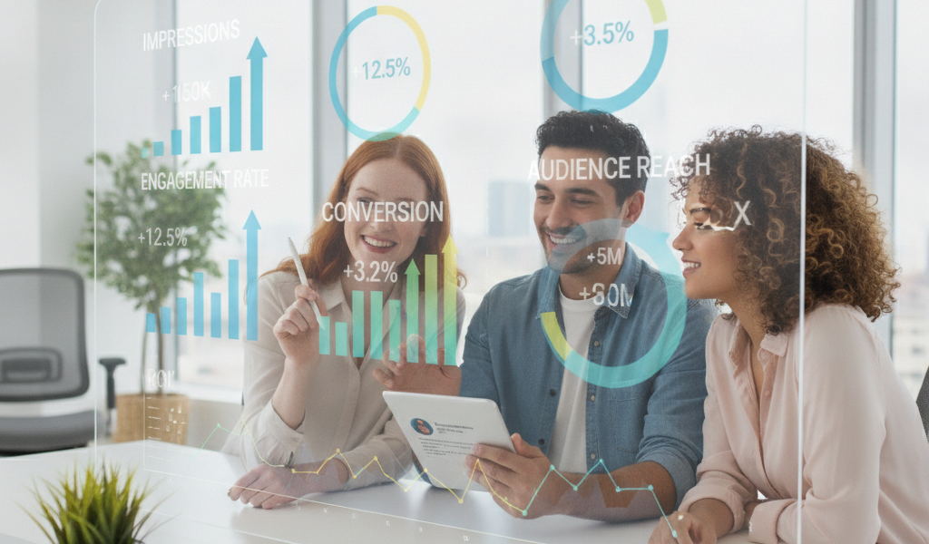 Team reviewing marketing analytics dashboard in bright office