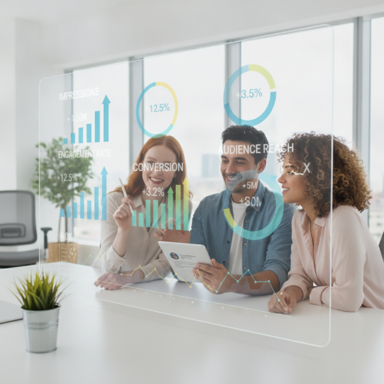 Team reviewing marketing analytics dashboard in bright office