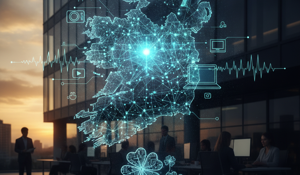 Digital map of Ireland with network icons in modern office