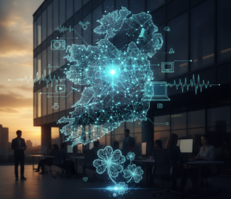 Digital map of Ireland with network icons in modern office
