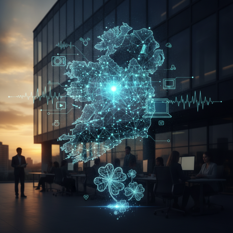 Digital map of Ireland with network icons in modern office