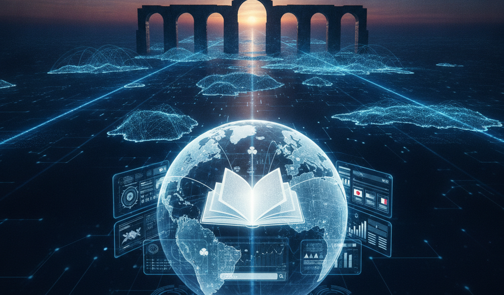 Digital globe with open book, data interfaces and ancient aqueduct