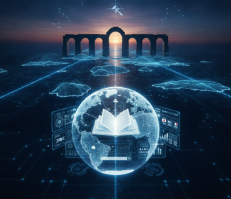 Digital globe with open book, data interfaces and ancient aqueduct