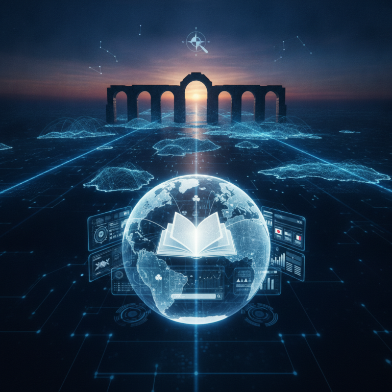 Digital globe with open book, data interfaces and ancient aqueduct