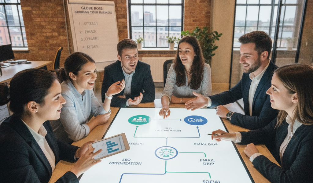Business team discussing digital marketing strategy around interactive table