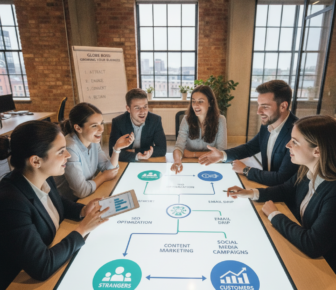 Business team discussing digital marketing strategy around interactive table