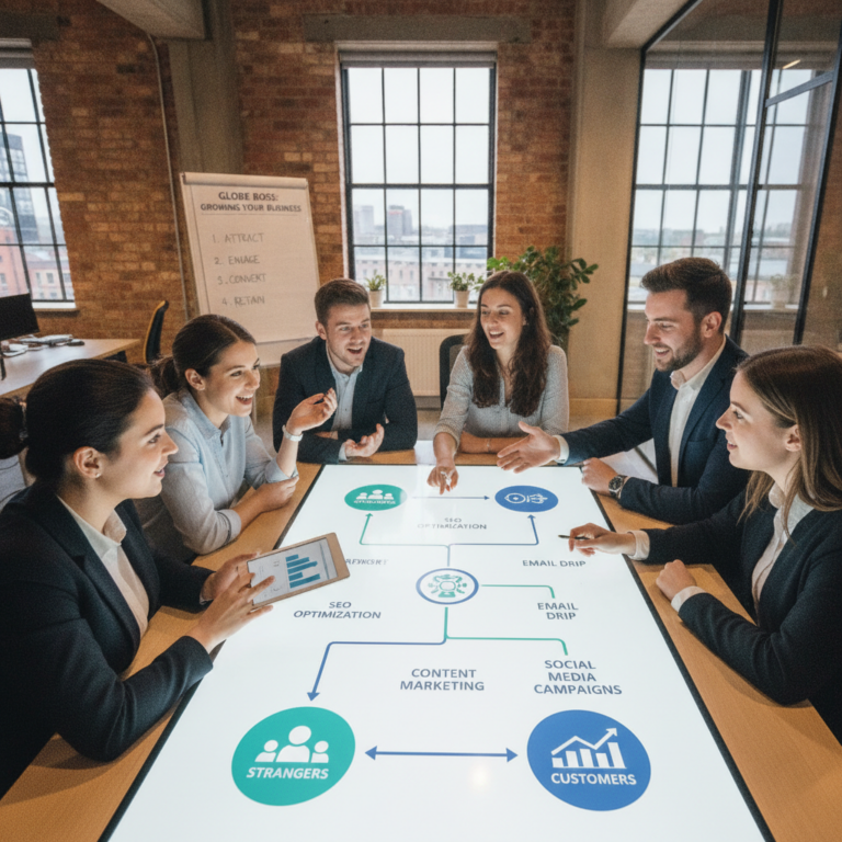 Business team discussing digital marketing strategy around interactive table