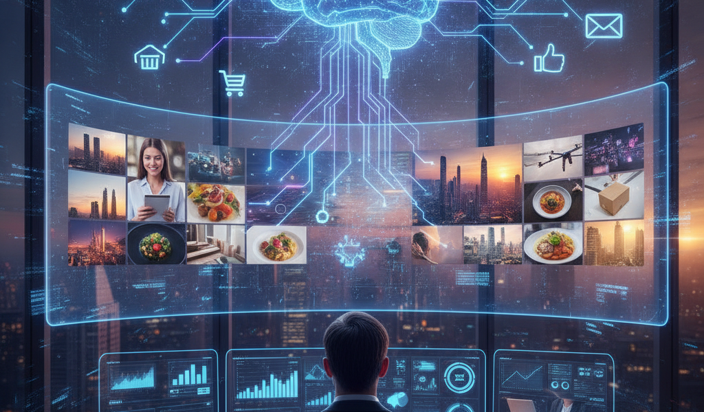 Businessman viewing AI-powered commerce analytics dashboard with digital brain.