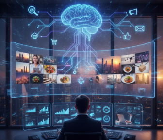 Businessman viewing AI-powered commerce analytics dashboard with digital brain.