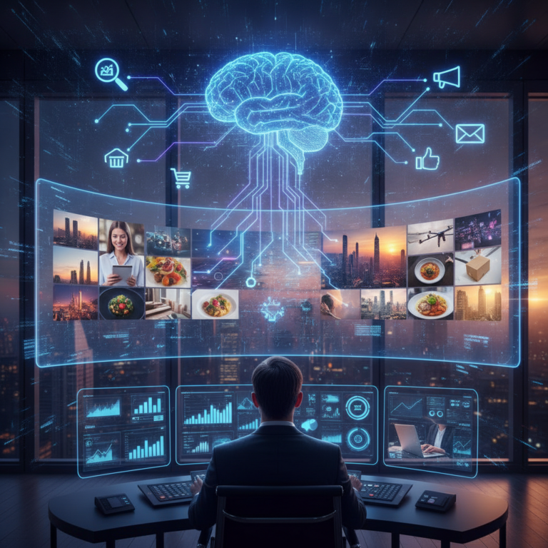 Businessman viewing AI-powered commerce analytics dashboard with digital brain.