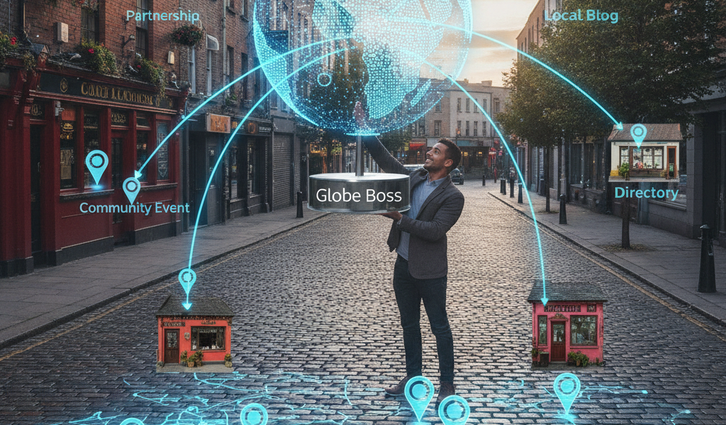 Businessman holding digital globe connecting local community resources.