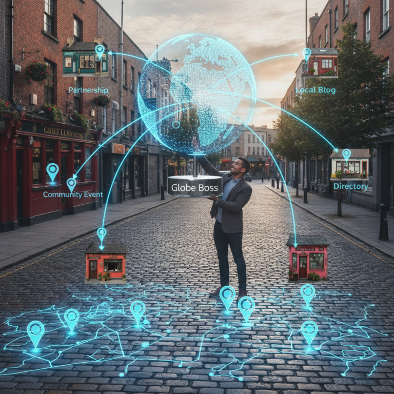 Businessman holding digital globe connecting local community resources.