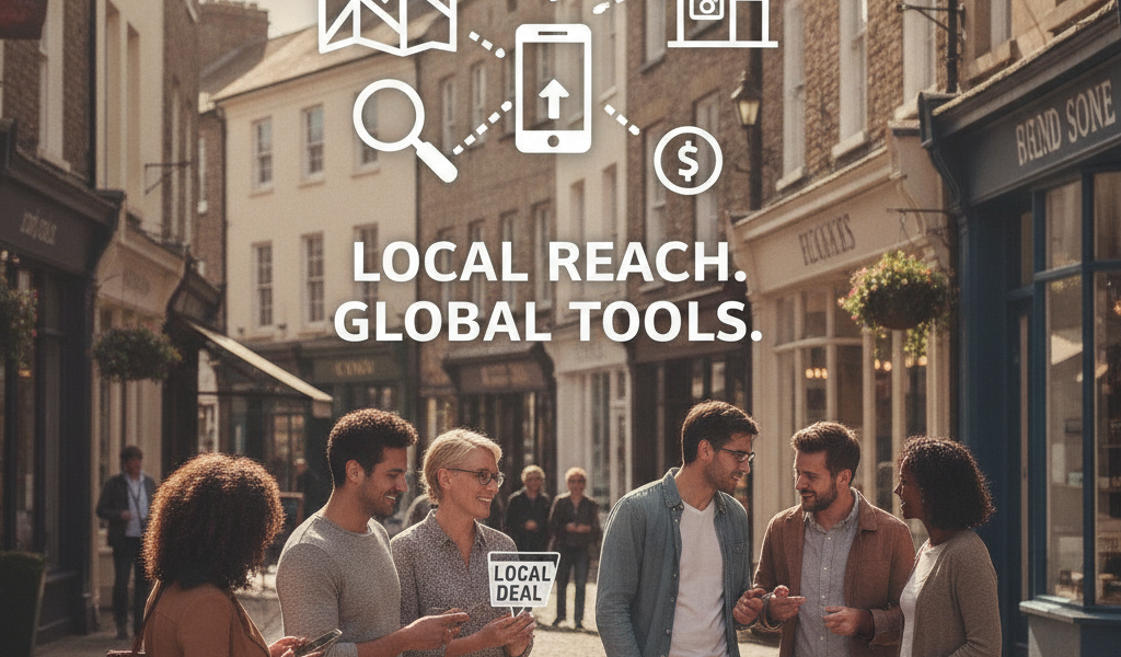 Friends use local digital marketing tools on a British high street.