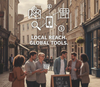 Friends use local digital marketing tools on a British high street.