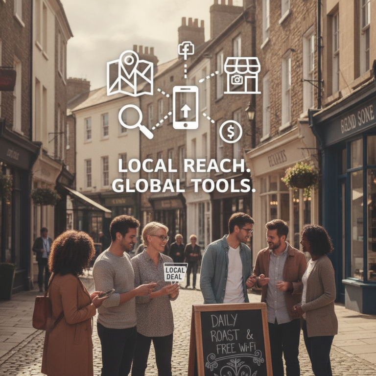 Friends use local digital marketing tools on a British high street.