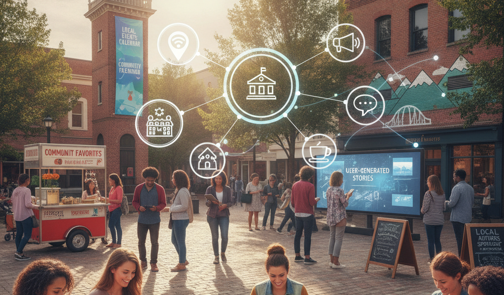 People using digital devices in a connected town square