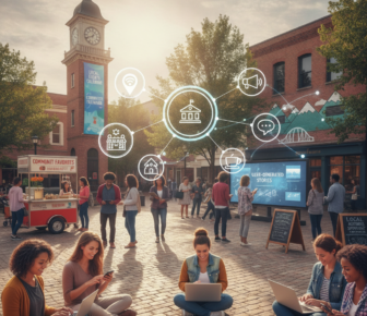 People using digital devices in a connected town square