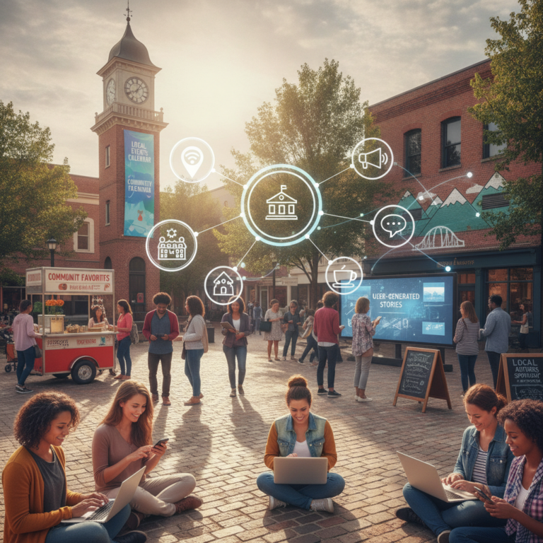 People using digital devices in a connected town square