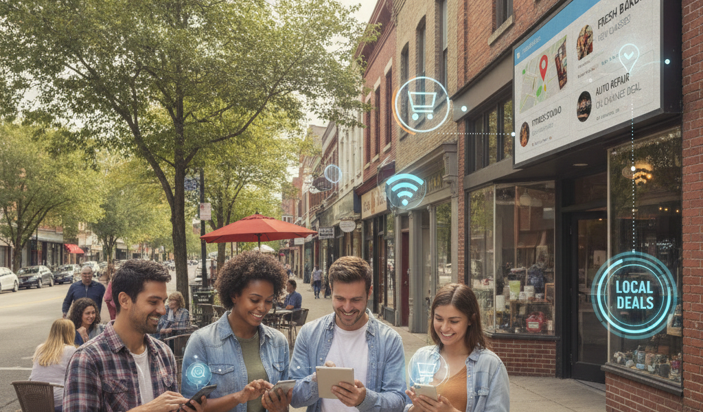 Friends use smartphones beside local shops with digital deal overlays