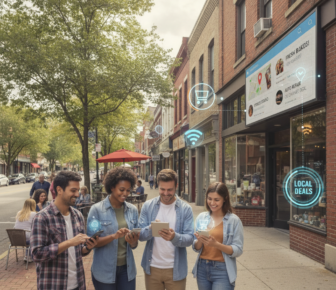 Friends use smartphones beside local shops with digital deal overlays