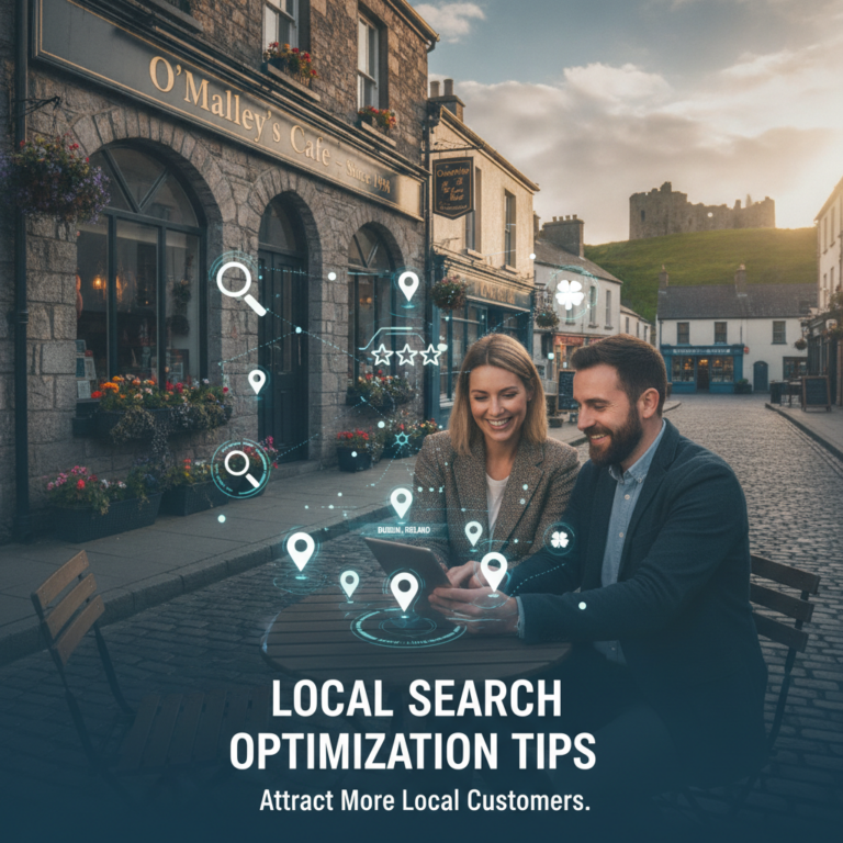 Couple using local search outside café beneath castle