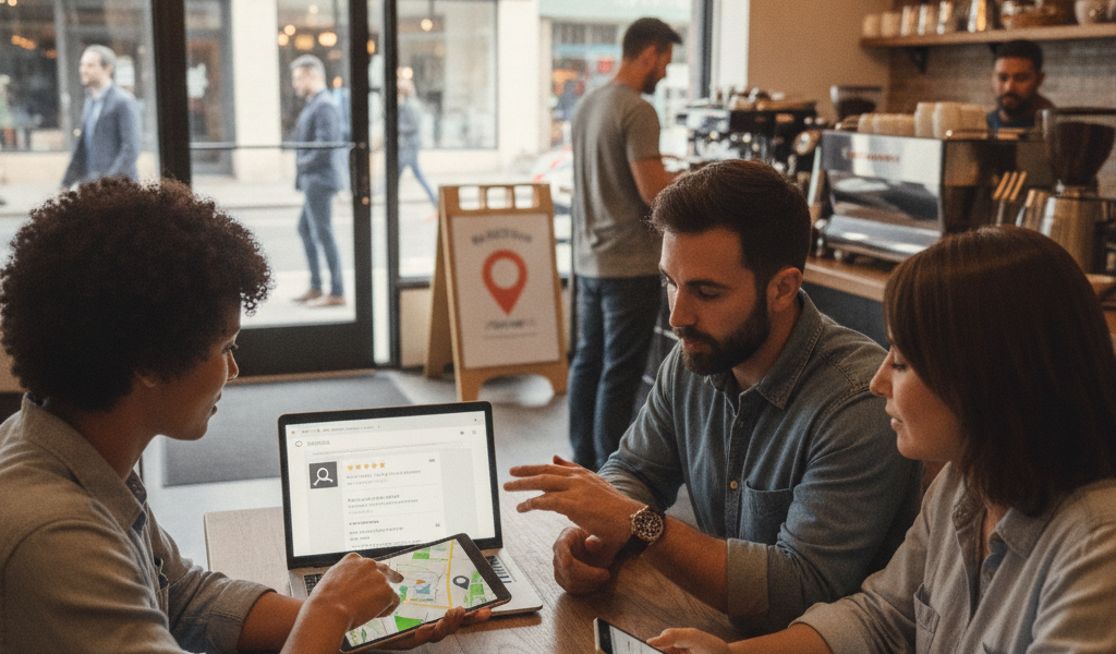 Three colleagues discuss maps on devices in a coffee shop.