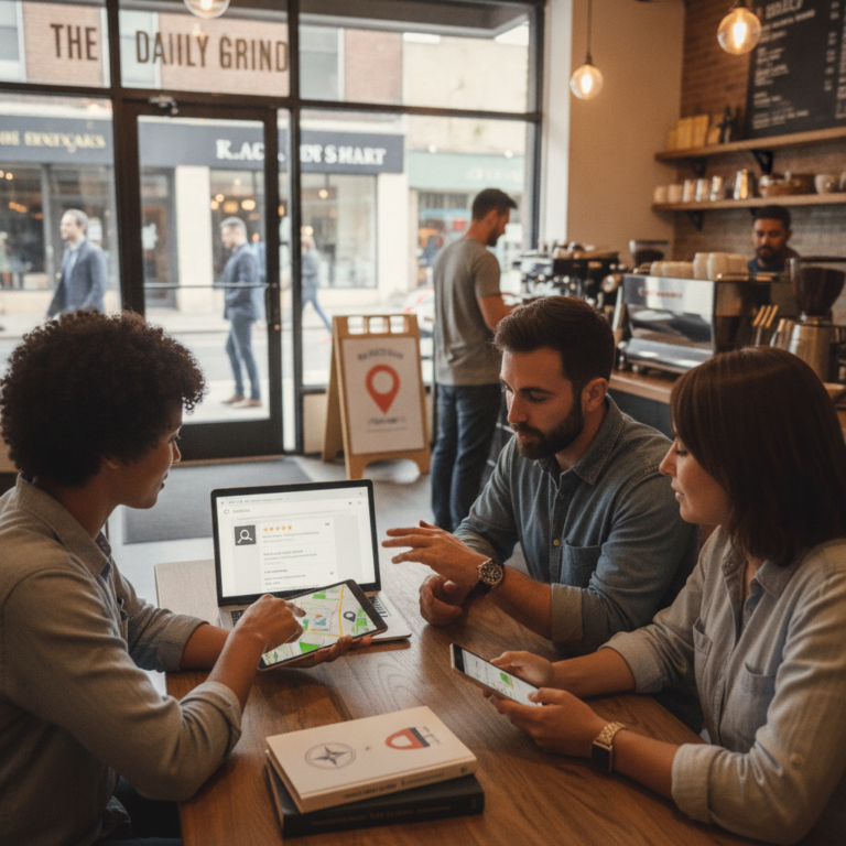 Three colleagues discuss maps on devices in a coffee shop.