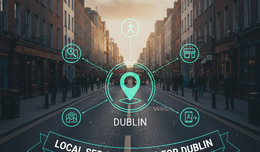 Dublin street with local SEO strategy location graphic