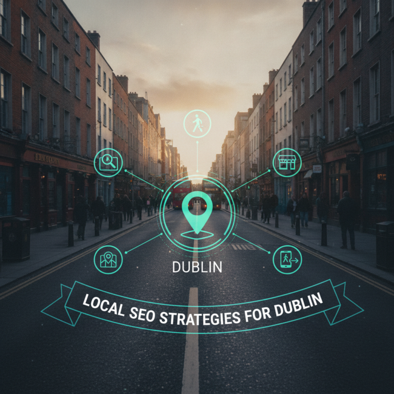 Dublin street with local SEO strategy location graphic