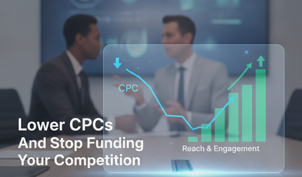 Businessmen discussing analytics with declining CPC and rising engagement chart