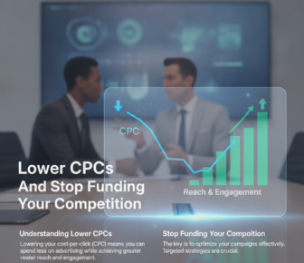 Businessmen discussing analytics with declining CPC and rising engagement chart