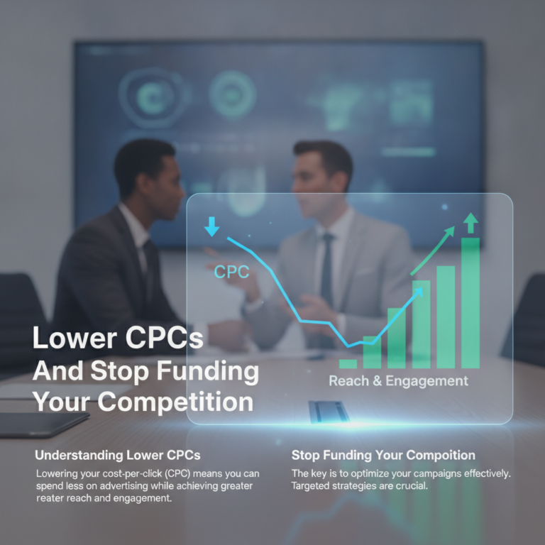 Businessmen discussing analytics with declining CPC and rising engagement chart