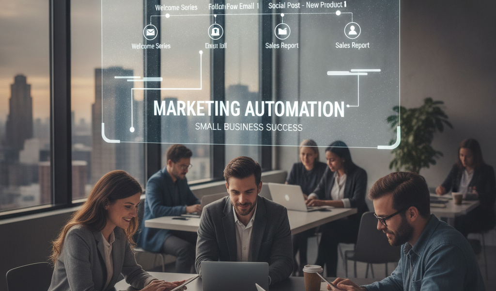 Team planning marketing automation strategy using digital workflow interface