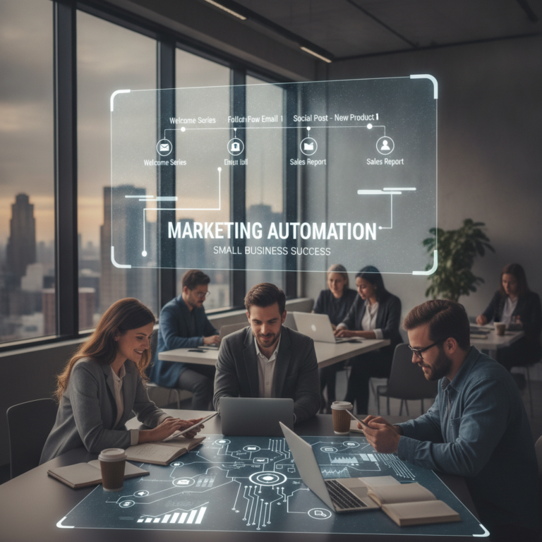 Team planning marketing automation strategy using digital workflow interface