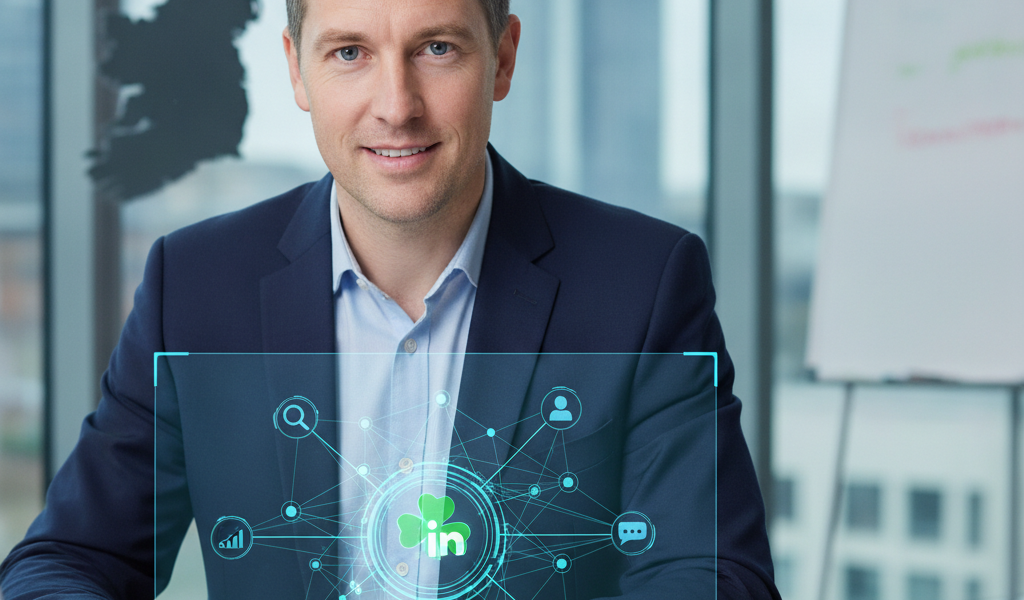 Businessman using LinkedIn network interface on laptop in office