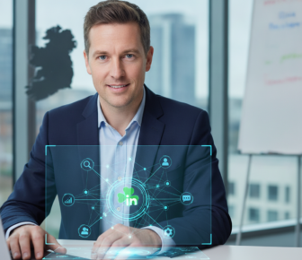 Businessman using LinkedIn network interface on laptop in office