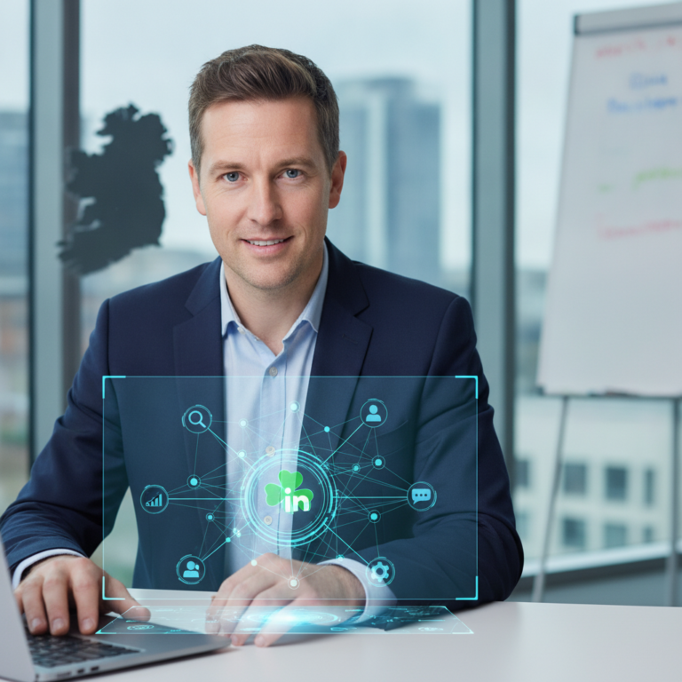 Businessman using LinkedIn network interface on laptop in office