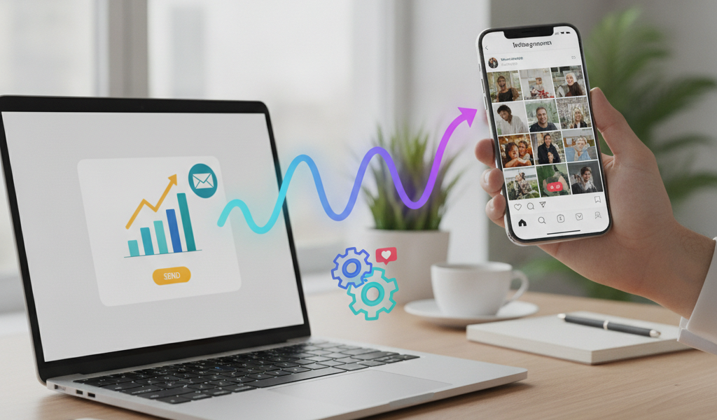Hand holding social media phone beside laptop analytics dashboard