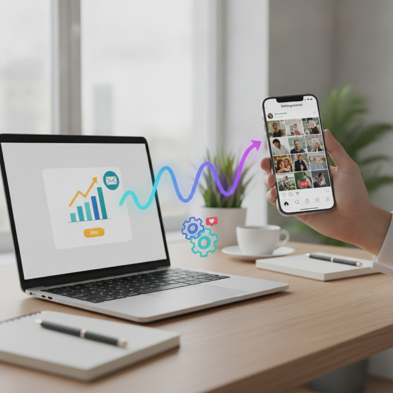 Hand holding social media phone beside laptop analytics dashboard