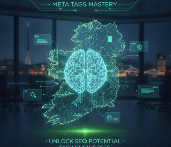 Digital brain over Ireland map promoting SEO meta tags