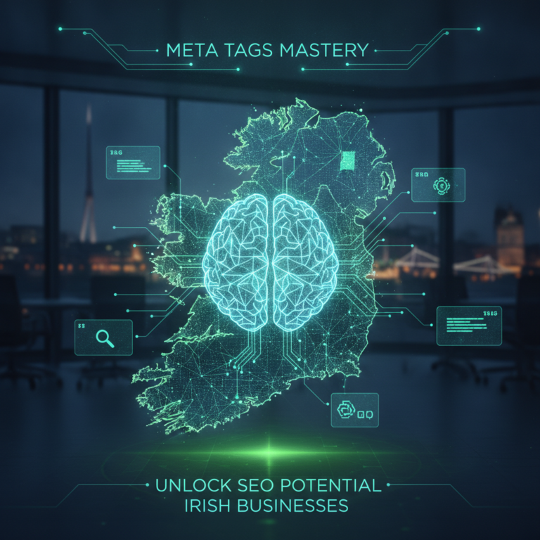 Digital brain over Ireland map promoting SEO meta tags