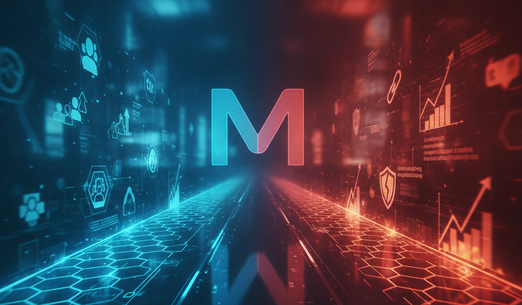 Blue and red digital interface with central M logo
