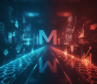 Blue and red digital interface with central M logo