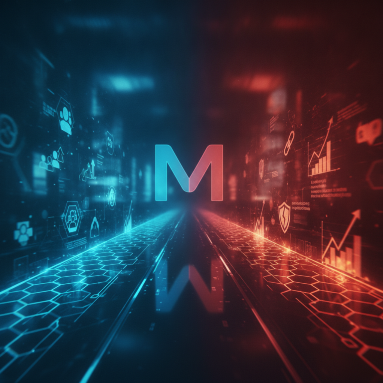 Blue and red digital interface with central M logo