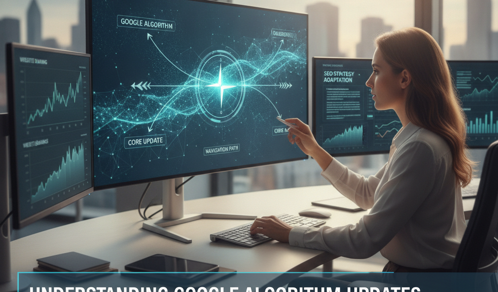 Woman analysing Google algorithm updates on multiple computer screens