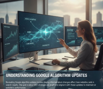 Woman analysing Google algorithm updates on multiple computer screens