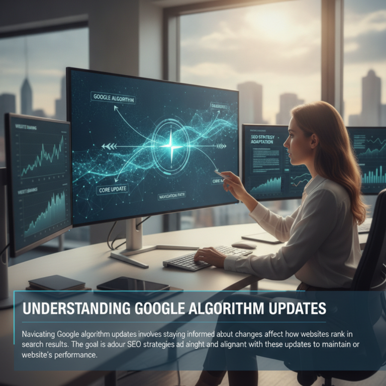 Woman analysing Google algorithm updates on multiple computer screens