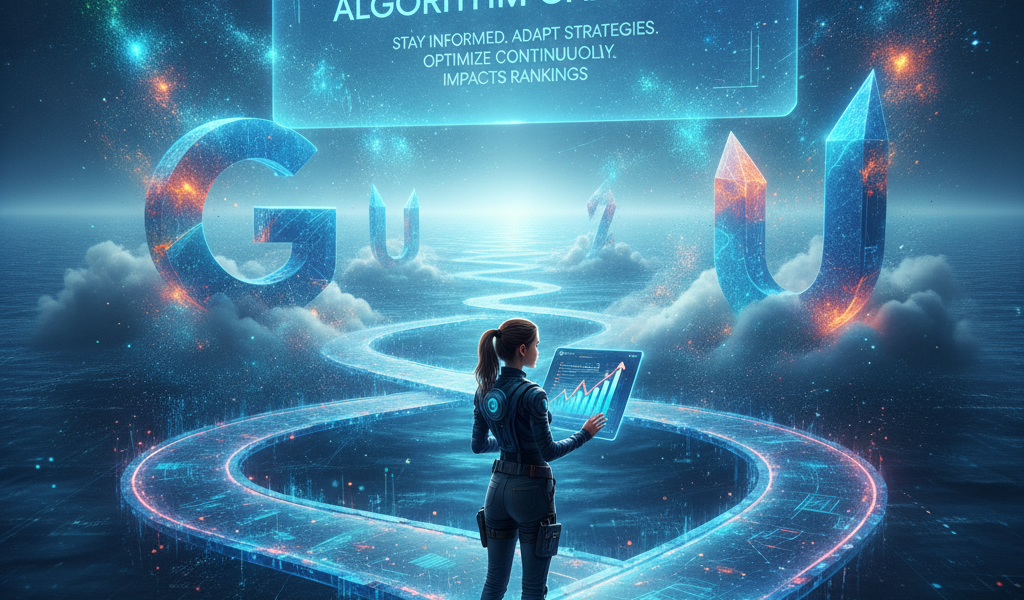 Woman navigates SEO algorithm changes in futuristic digital landscape