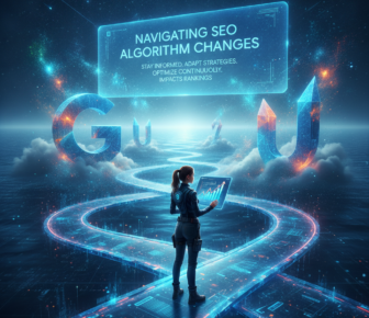 Woman navigates SEO algorithm changes in futuristic digital landscape