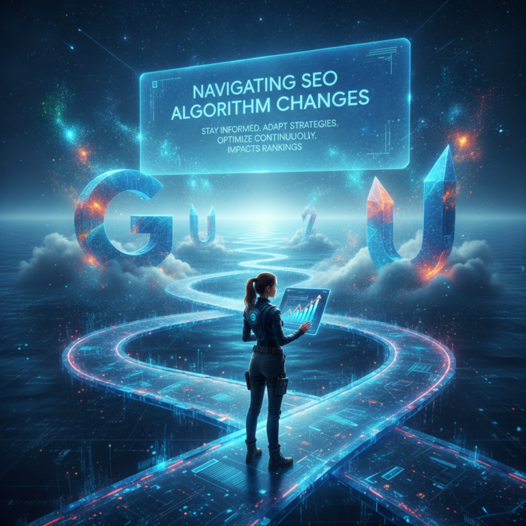 Woman navigates SEO algorithm changes in futuristic digital landscape